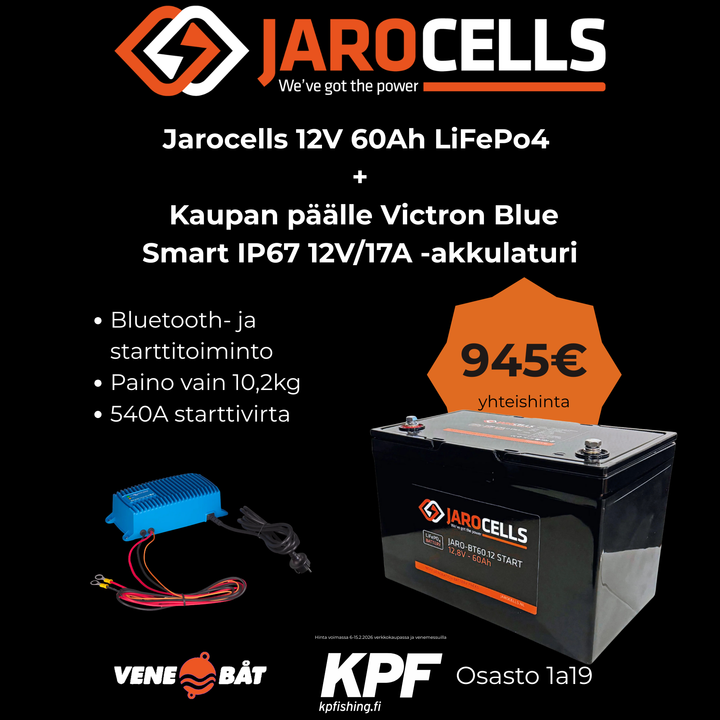 Jarocells Litiumakku 12V 60Ah LiFePO4 BT- ja starttitoiminnolla