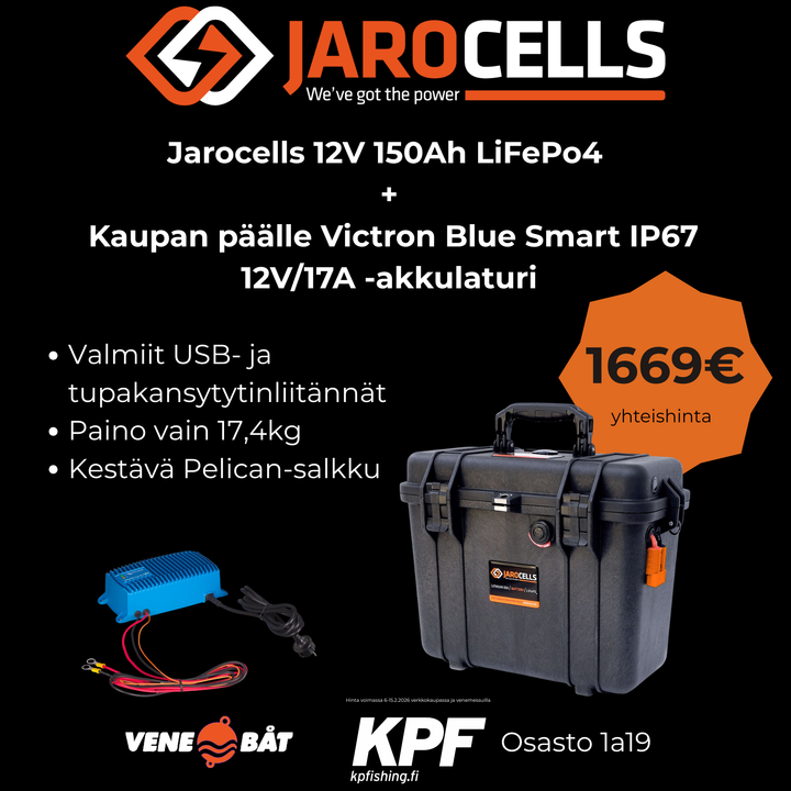 Jarocells LiFePo4 Litiumakku 12V 150Ah Bluetooth kantolaukussa