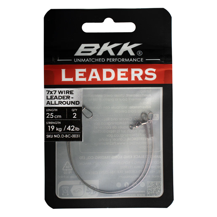 BKK 7x7 Wire Leader Allround peruke Duolock Snap lukolla 25cm 19kg 2kpl