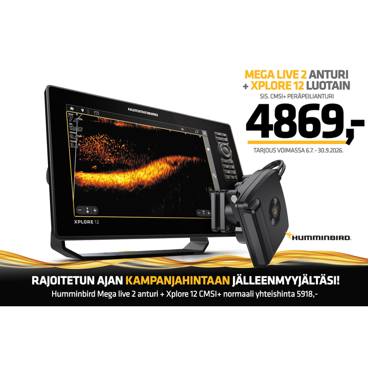 Humminbird Mega Live 2 -livekaikuanturi + Xplore 12" CMSI+ kaikuluotain viistoanturilla
