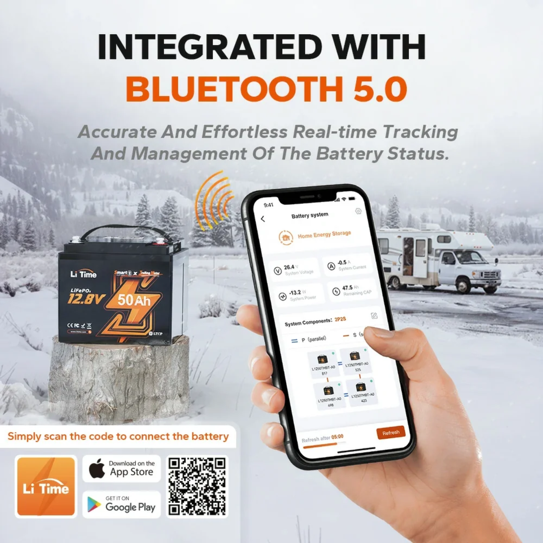 LiTime LiFePo4-litiumakku | 12V 50Ah Bluetooth