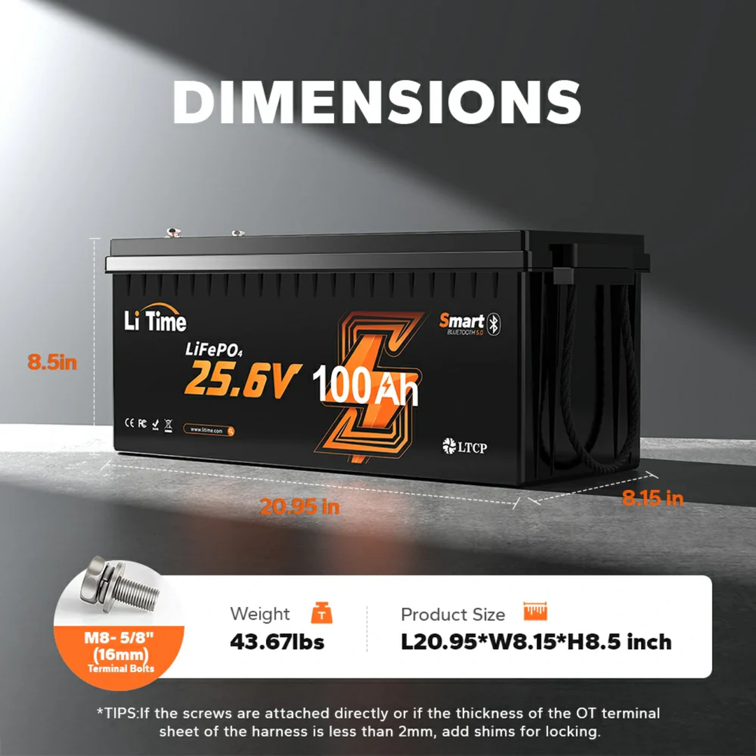 LiTime LiFePo4-litiumakku | 24V 100Ah Bluetooth