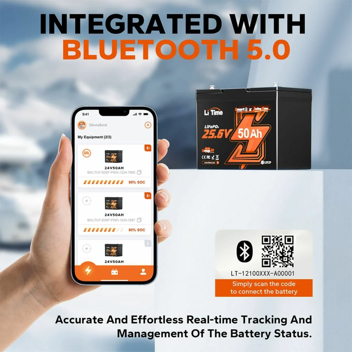 LiTime LiFePo4-litiumakku | 24V 50Ah Bluetooth