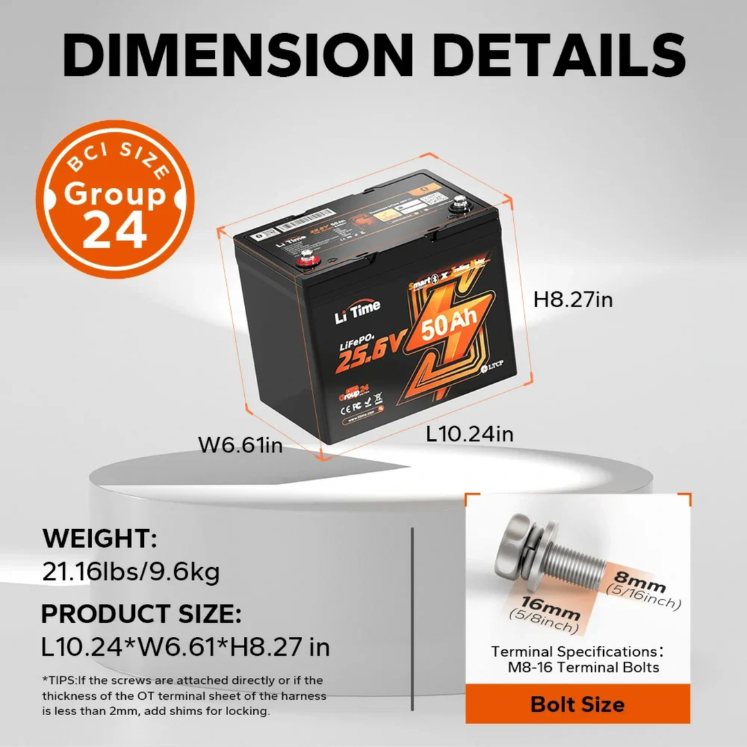 LiTime LiFePo4-litiumakku | 24V 50Ah Bluetooth