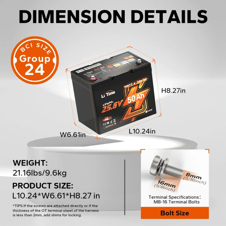 LiTime LiFePo4-litiumakku | 24V 50Ah Bluetooth
