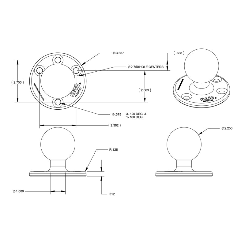 RAM Mounts - Pyöreäpohjalevy + Pallokiinnike | D-sarja 2.25"