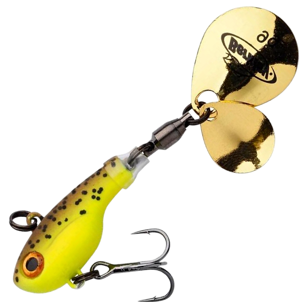 Berkley Pulse Spintail 14g, väri Brown Chartreuse: keltainen runko, ruskea pilkullinen selkä ja kaksi kultaista lippaa