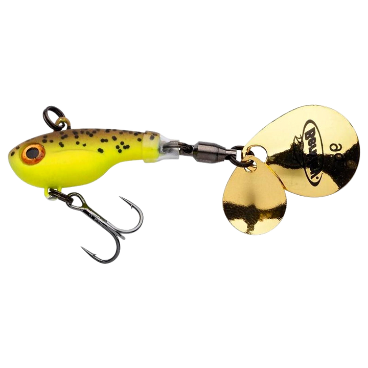 Berkley Pulse Spintail 14g Brown Chartreuse sivulta, pää vasemmalla