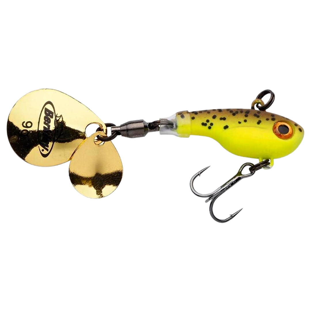 Berkley Pulse Spintail 14g Brown Chartreuse sivulta, pää oikealla