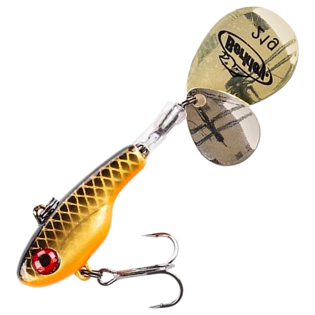 Berkley Pulse Spintail 14g, väri Dark&amp;Dirty Roach: ruskea verkkokuvioinen selkä, kullanoranssi kylki ja kaksi lippaa