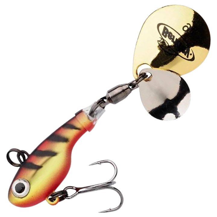 Berkley Pulse Spintail 14g, väri Yellow Perch: oranssi runko, tummat raidat sekä kultainen ja hopeinen lippa