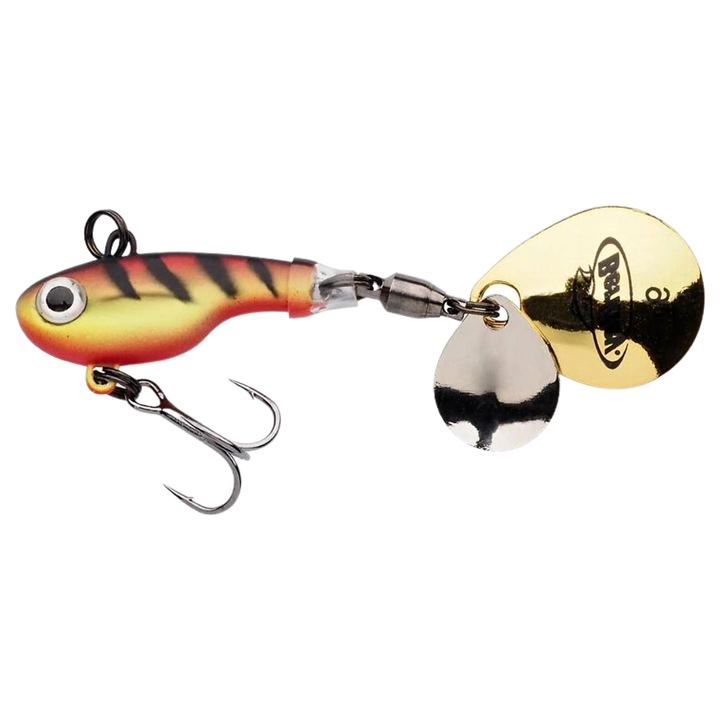 Berkley Pulse Spintail 14g Yellow Perch sivulta, pää vasemmalla