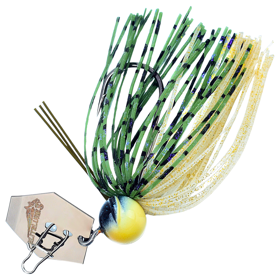 BIM Tackle Roaring Lion Blade Chatterbait 7g, väri Black Gill: keltainen pää, pilkullinen vihreä ja beige helma, vaalea lapa