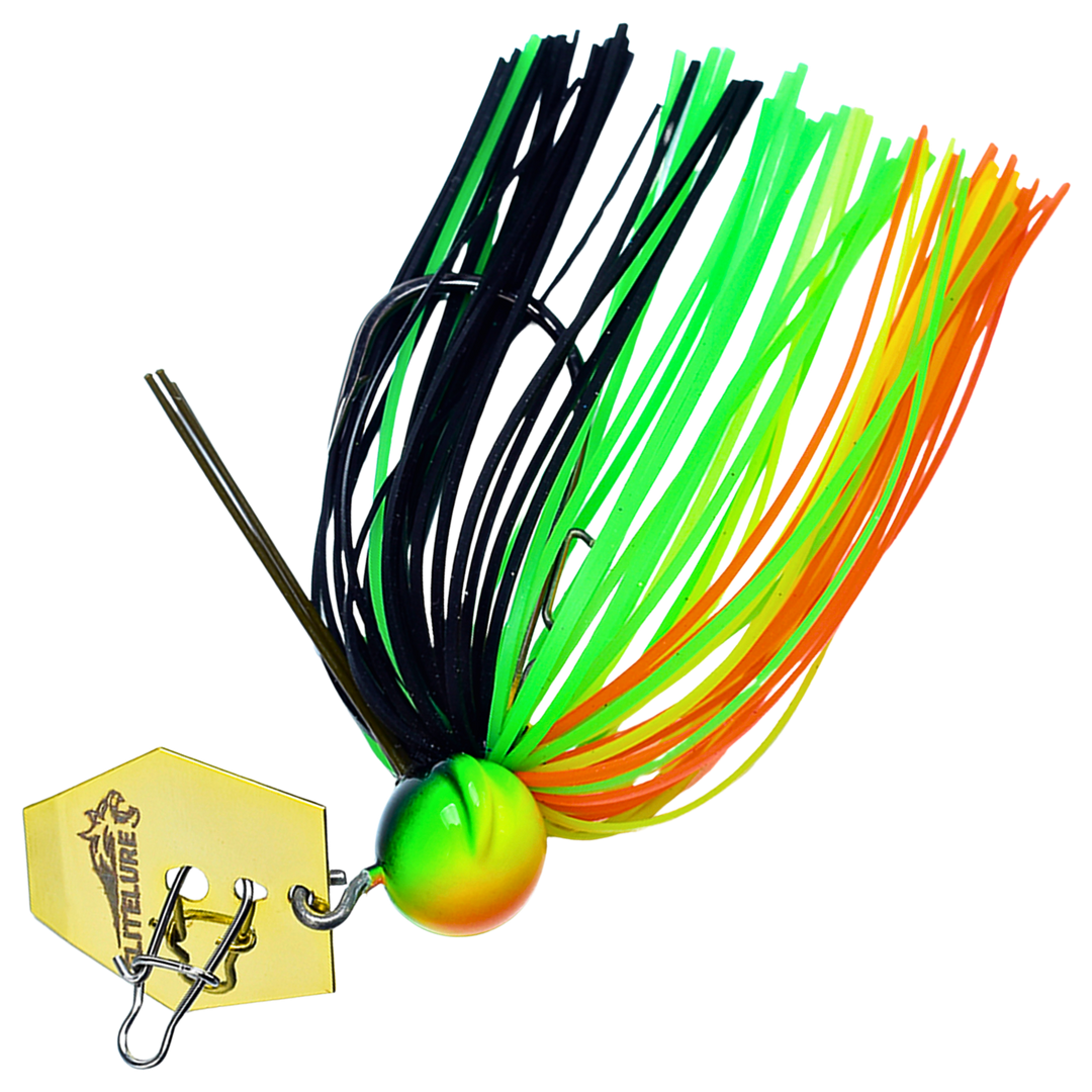 BIM Tackle Roaring Lion Blade Chatterbait 7g, väri Hot Tiger: keltavihreä pää, musta, vihreä ja oranssi helma, kultainen lapa