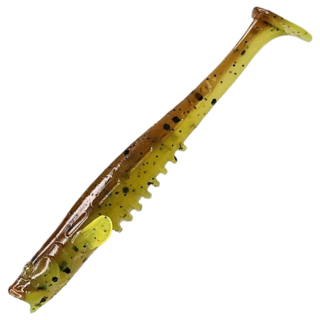 Crazy Fish Nano Minnow Jigi 2.8", väri 4d: oliivinruskea selkä, kellanvihreä vatsa ja mustat pilkut