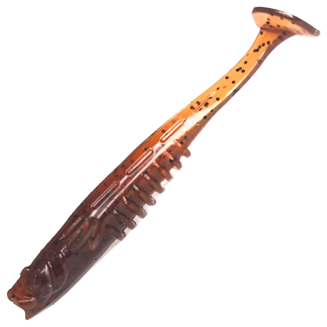 Crazy Fish Nano Minnow Jigi 2.8", väri 57: läpikuultava ruskea runko ja oranssit pilkut