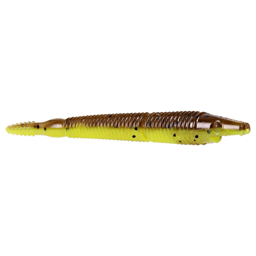 CWC Pigster Crawler Jigi 10cm Brown Chartreuse Flake sivulta, pää oikealla