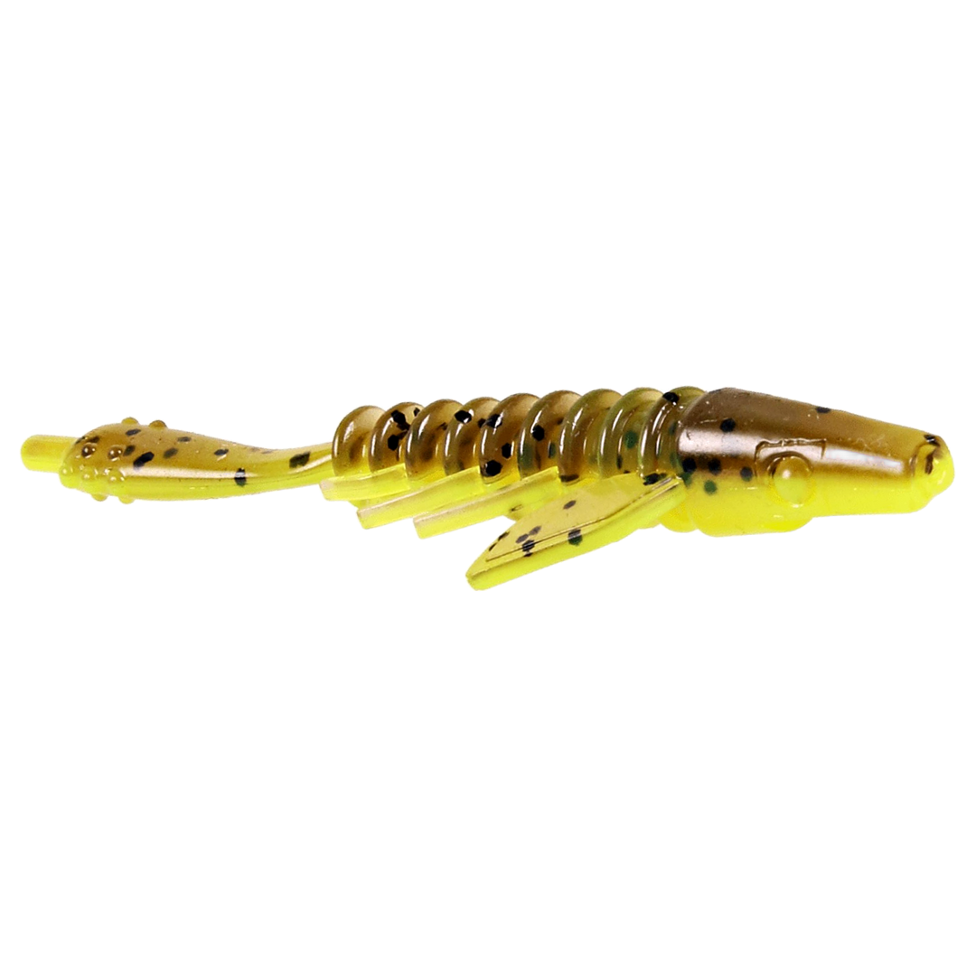 CWC Pigster Gecko Jigi 8.5cm Brown Chartreuse Flake sivulta, pää oikealla