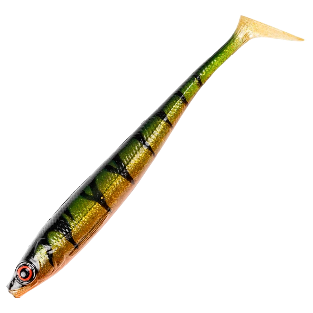 Daiwa Prorex Duckfin Shad 2.0 Haukijigi 20cm 45g, väri Ghost Golden Perch: vihreä selkä, tummat raidat ja oranssi vatsa
