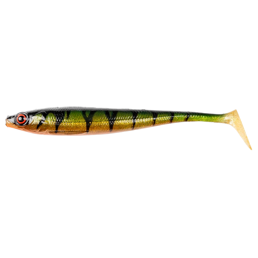 Daiwa Prorex Duckfin Shad 2.0 Haukijigi 20cm 45g Ghost Golden Perch sivulta, pää vasemmalla
