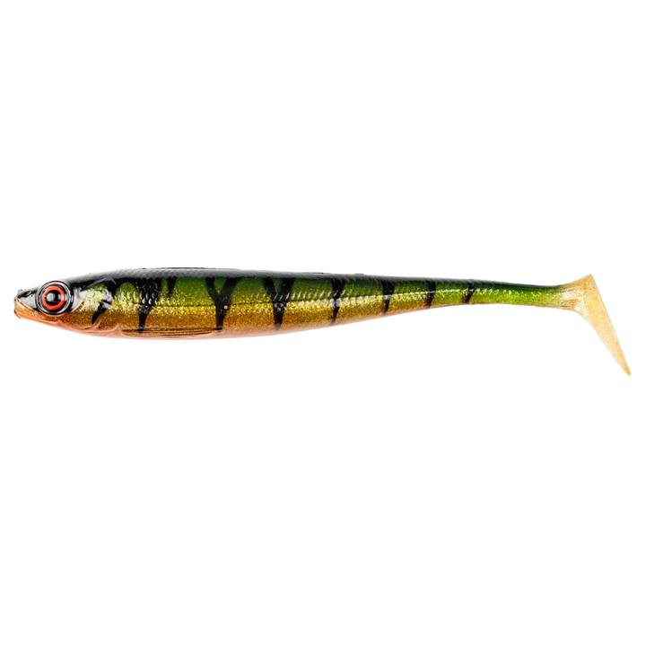 Daiwa Prorex Duckfin Shad 2.0 Haukijigi 20cm 45g Ghost Golden Perch sivulta, pää vasemmalla