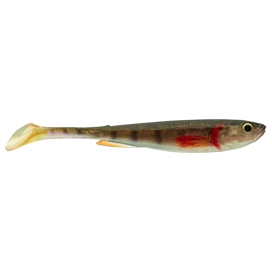 Daiwa Prorex Real Slim Shad Y LIVE 10.5cm Jigi Gold Perch sivulta, pää oikealla