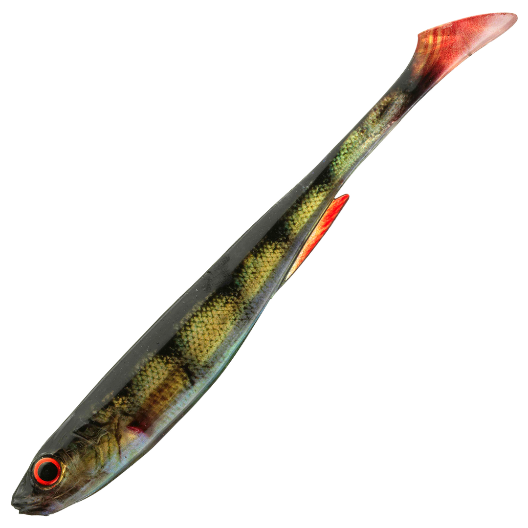 Daiwa Prorex Real Slim Shad Y LIVE 10.5cm Jigi, väri Real Perch: vihreä selkä, tummat raidat ja punaiset evät