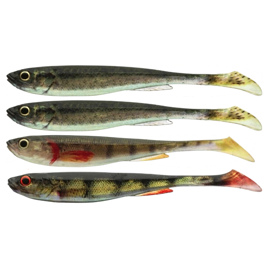 Daiwa Prorex Real Slim Shad Y LIVE 13.5cm Jigi, Color Set: neljä eriväristä viehettä sivulta, pää vasemmalla