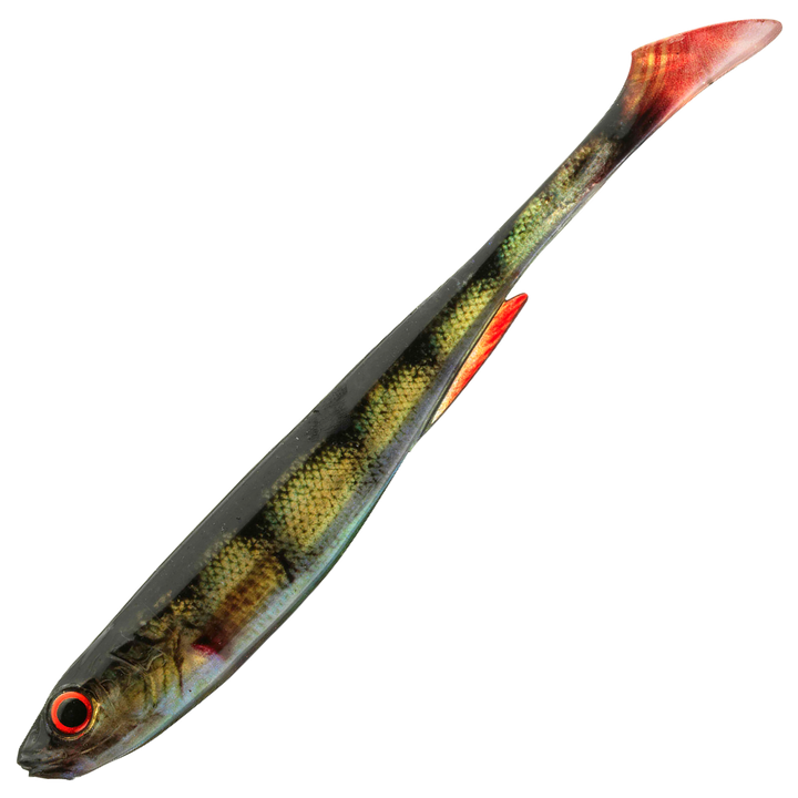 Daiwa Prorex Real Slim Shad Y LIVE 16cm Jigi, väri Real Perch: vihreä selkä, tummat raidat ja punaiset evät