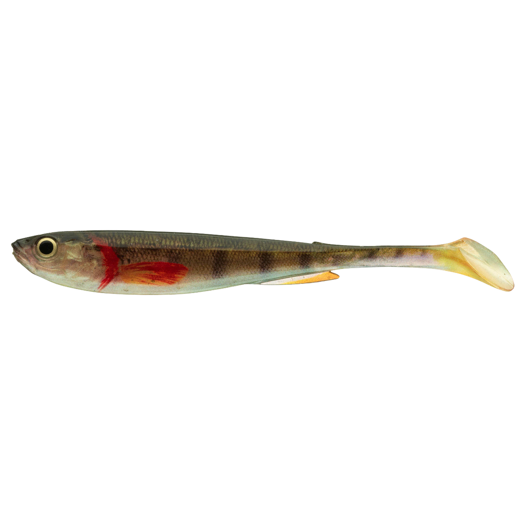 Daiwa Prorex Real Slim Shad Y LIVE 7.5cm Jigi Gold Perch sivulta, pää vasemmalla