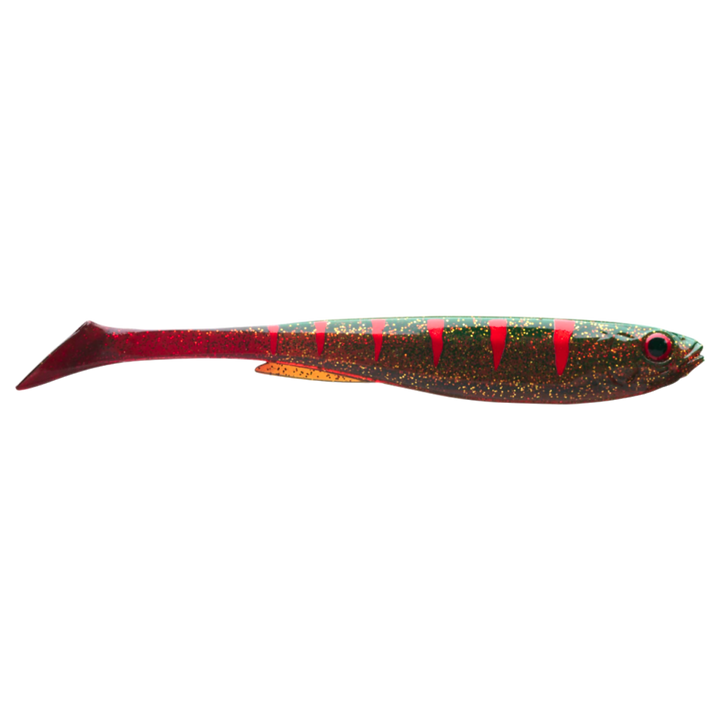 Daiwa Prorex Slim Shad Y 10.5cm Jigi Motoroil sivulta, pää oikealla