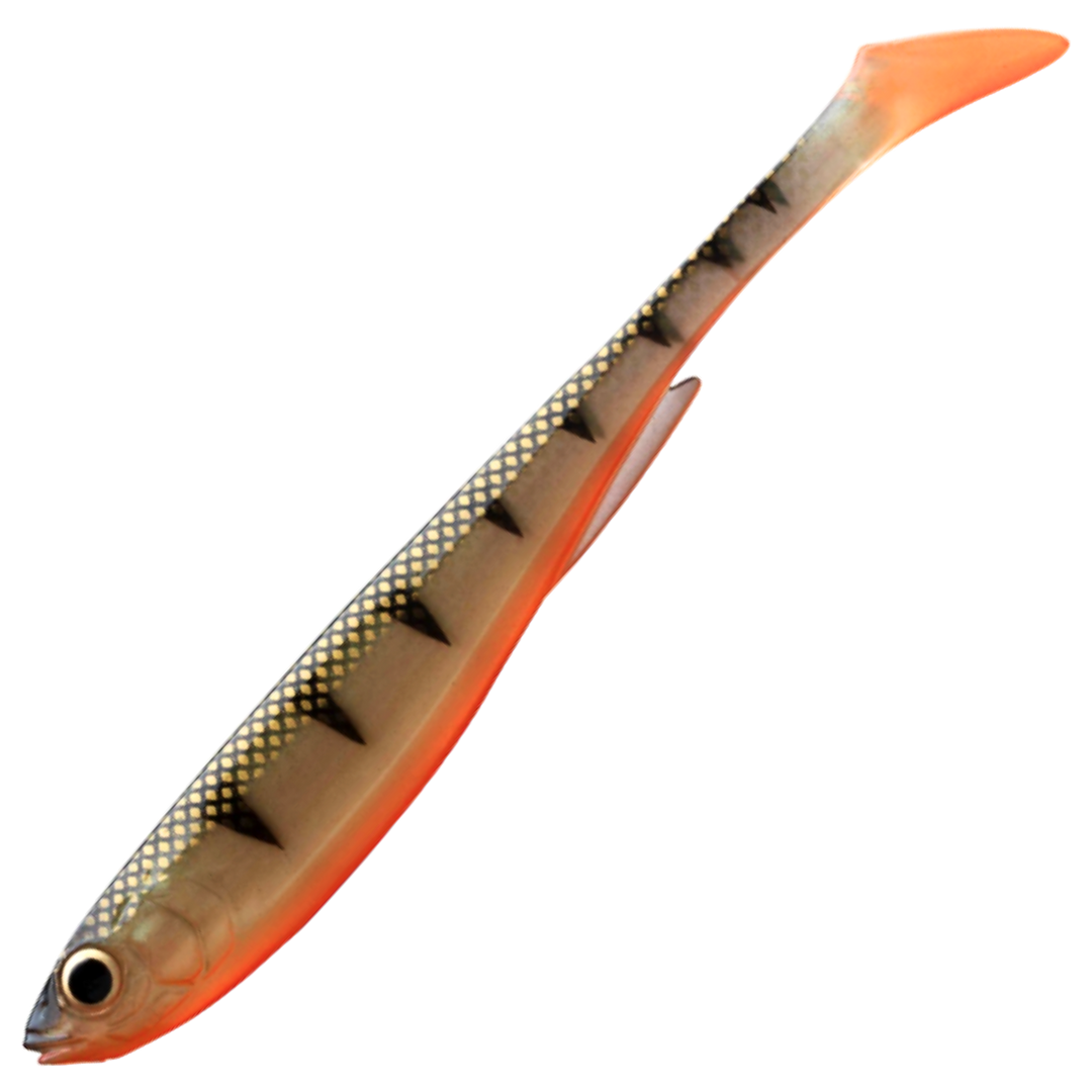 Daiwa Prorex Slim Shad Y 10.5cm Jigi, väri Natural Perch: tummat raidat, oranssi vatsa ja oranssi pyrstö