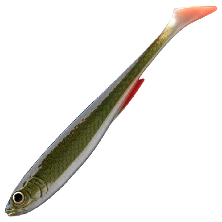 Daiwa Prorex Slim Shad Y 10.5cm Jigi, väri Natural Roach: oliivinvihreä selkä, hopeinen kylki ja punaiset evät