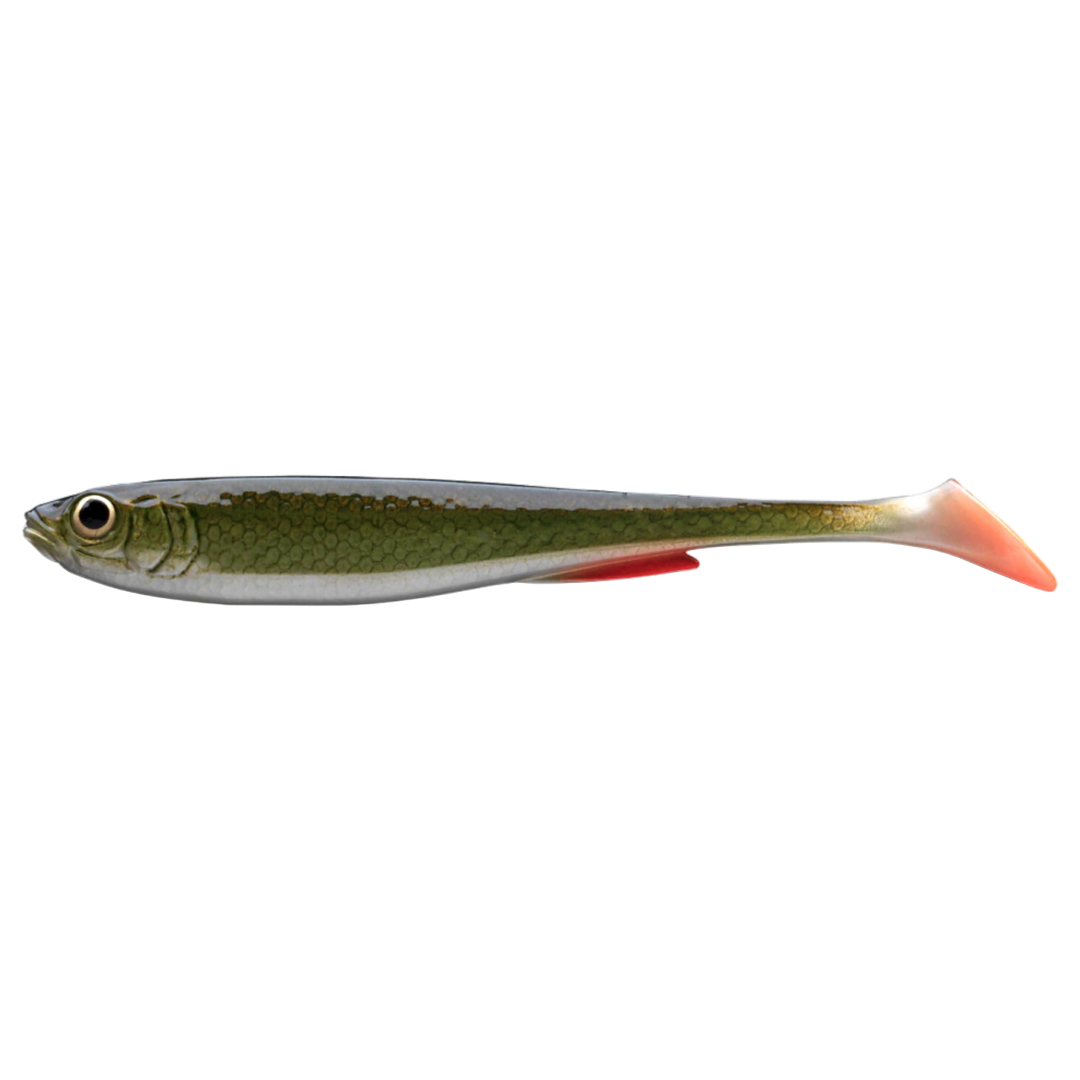 Daiwa Prorex Slim Shad Y 10.5cm Jigi Natural Roach sivulta, pää vasemmalla
