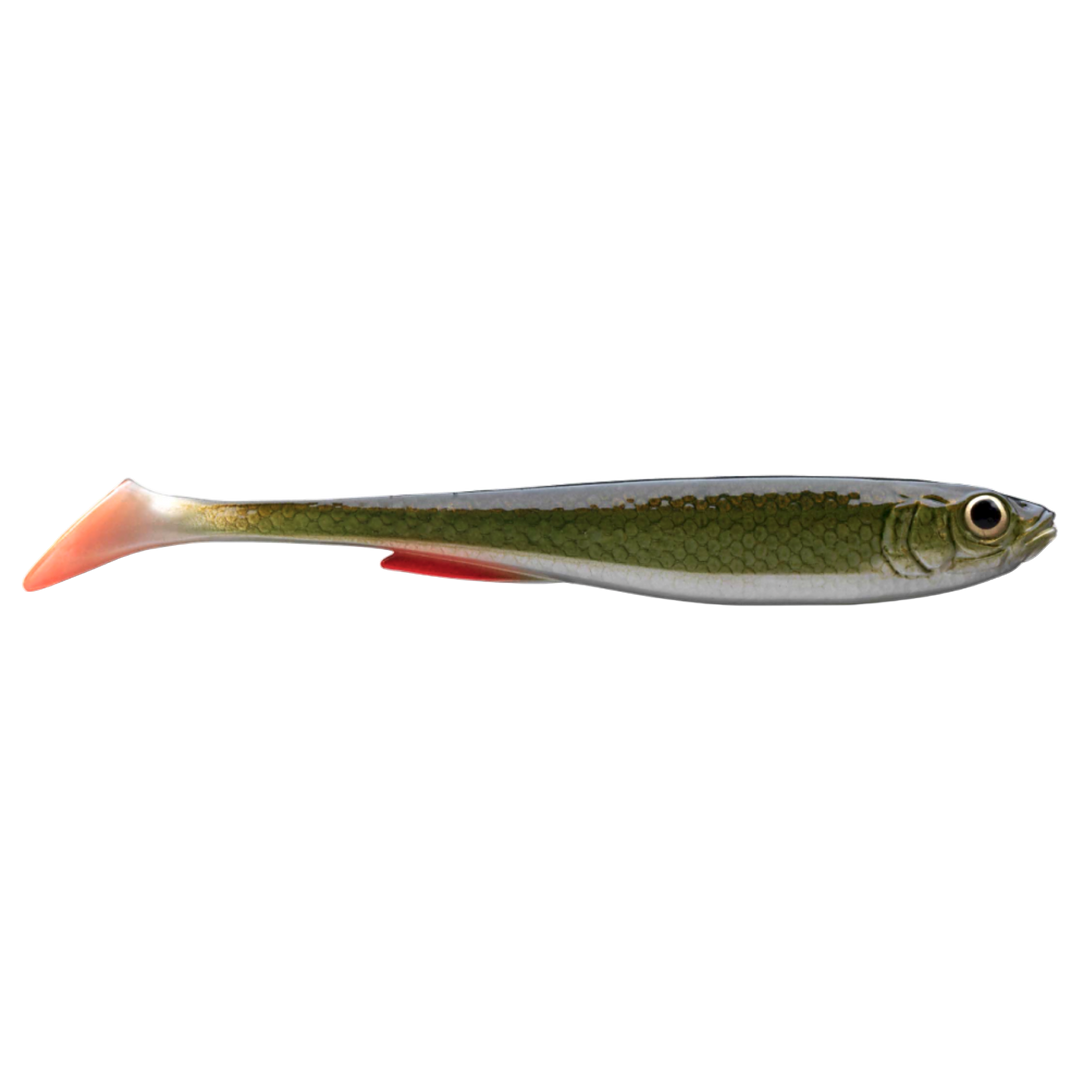 Daiwa Prorex Slim Shad Y 10.5cm Jigi Natural Roach sivulta, pää oikealla