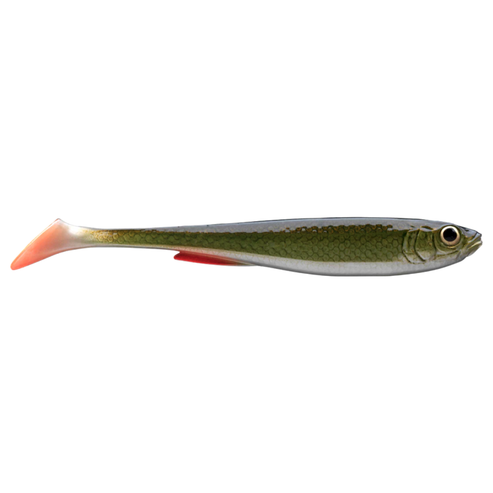 Daiwa Prorex Slim Shad Y 10.5cm Jigi Natural Roach sivulta, pää oikealla
