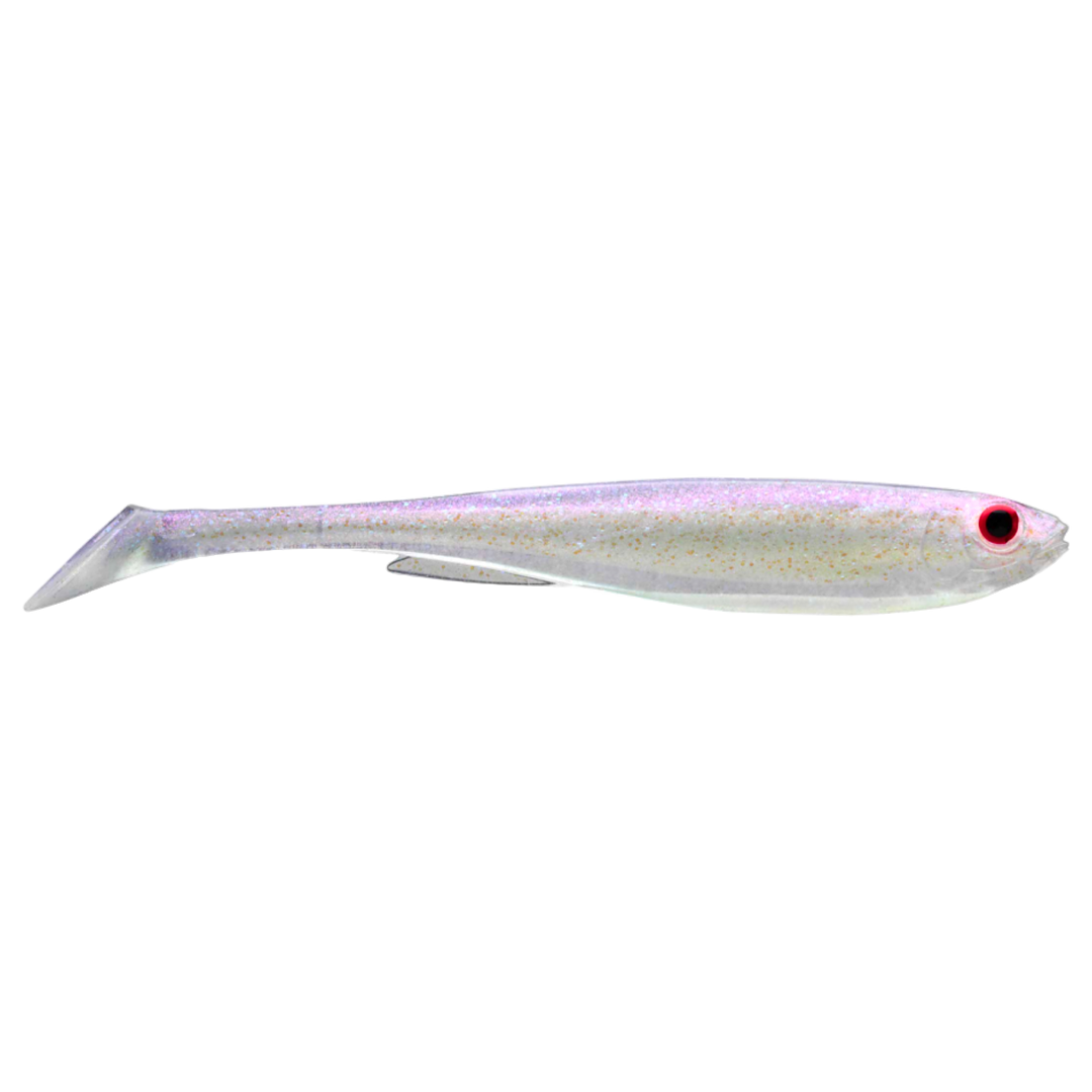 Daiwa Prorex Slim Shad Y 10.5cm Jigi White Ghost sivulta, pää oikealla