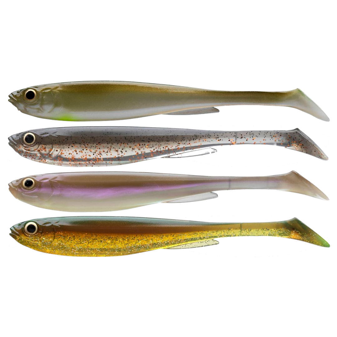 Daiwa Prorex Slim Shad Y 13.5cm Jigi, Nature Color Set: neljä eriväristä viehettä sivulta, pää vasemmalla