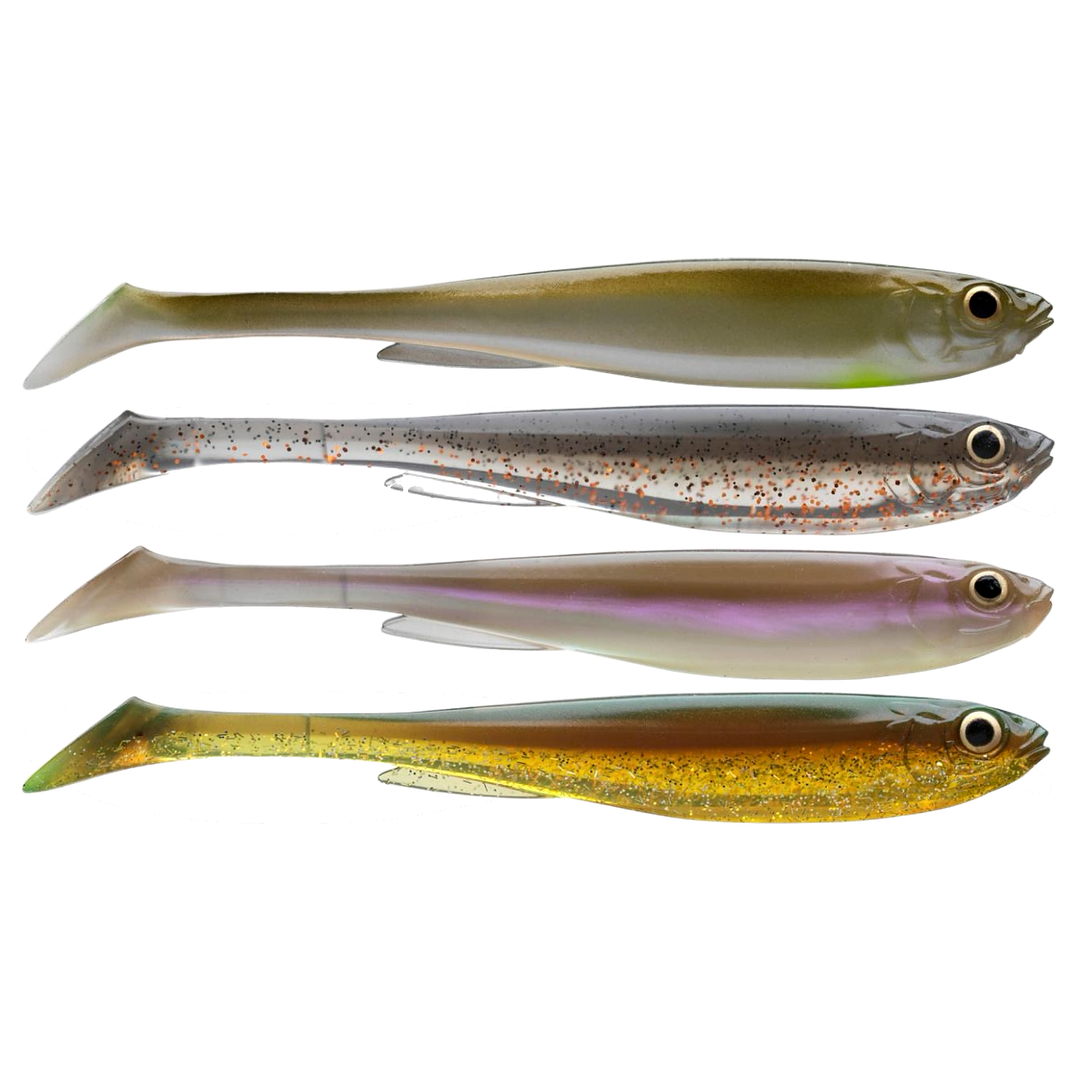 Daiwa Prorex Slim Shad Y 13.5cm Jigi Nature Color Set sivulta, pää oikealla