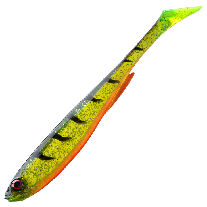 Daiwa Prorex Slim Shad Y 16cm Jigi, väri Ghost Firetiger: vihreä selkä, tummat raidat ja oranssi vatsa