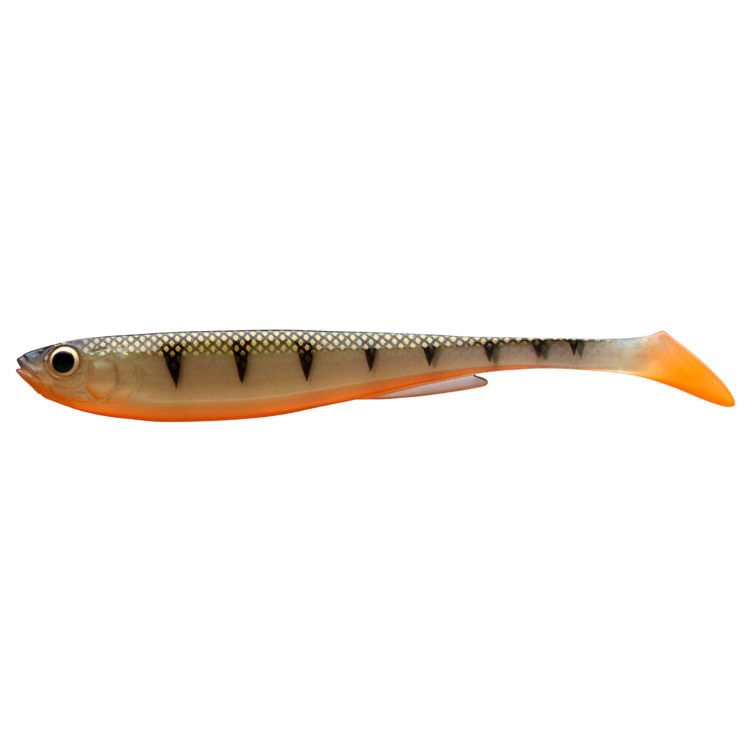 Daiwa Prorex Slim Shad Y 16cm Jigi Natural Perch sivulta, pää vasemmalla