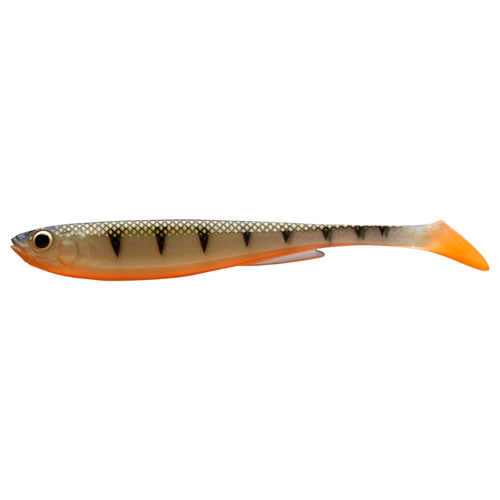 Daiwa Prorex Slim Shad Y 16cm Jigi Natural Perch sivulta, pää vasemmalla
