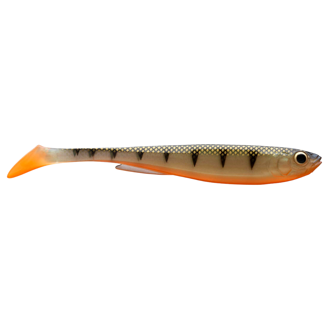 Daiwa Prorex Slim Shad Y 16cm Jigi Natural Perch sivulta, pää oikealla