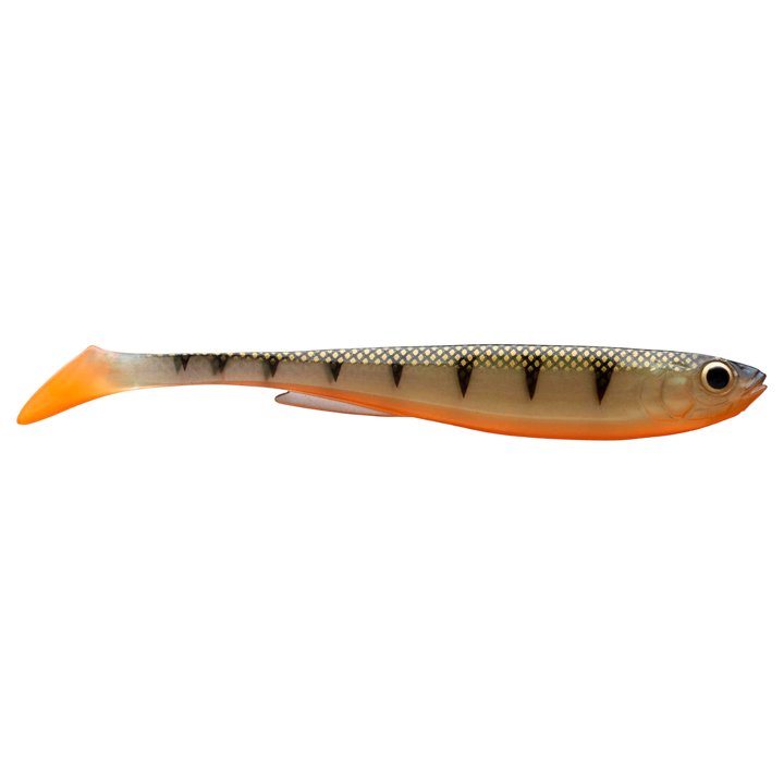 Daiwa Prorex Slim Shad Y 16cm Jigi Natural Perch sivulta, pää oikealla