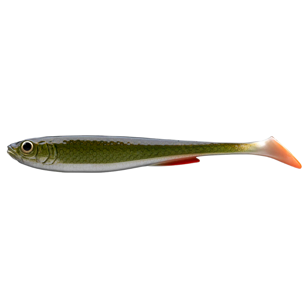 Daiwa Prorex Slim Shad Y 16cm Jigi Natural Roach sivulta, pää vasemmalla