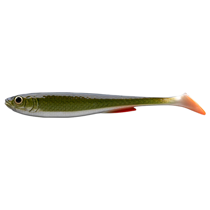 Daiwa Prorex Slim Shad Y 16cm Jigi Natural Roach sivulta, pää vasemmalla