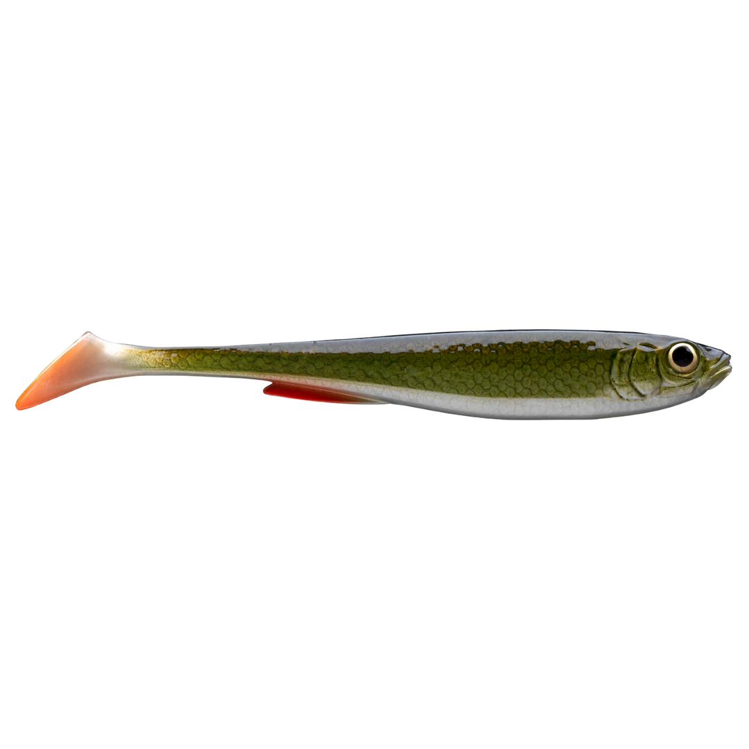 Daiwa Prorex Slim Shad Y 16cm Jigi Natural Roach sivulta, pää oikealla