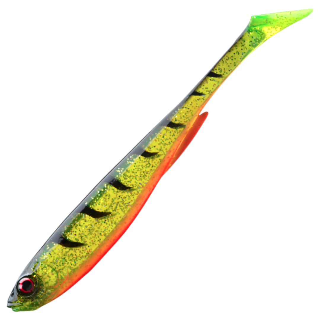 Daiwa Prorex Slim Shad Y 7.5cm Jigi, väri Ghost Firetiger: vihreä selkä, tummat raidat ja oranssi vatsa