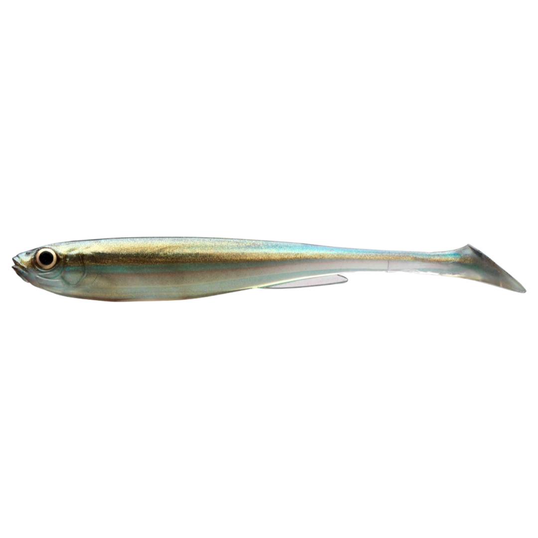 Daiwa Prorex Slim Shad Y 7.5cm Jigi Green Bleak sivulta, pää vasemmalla