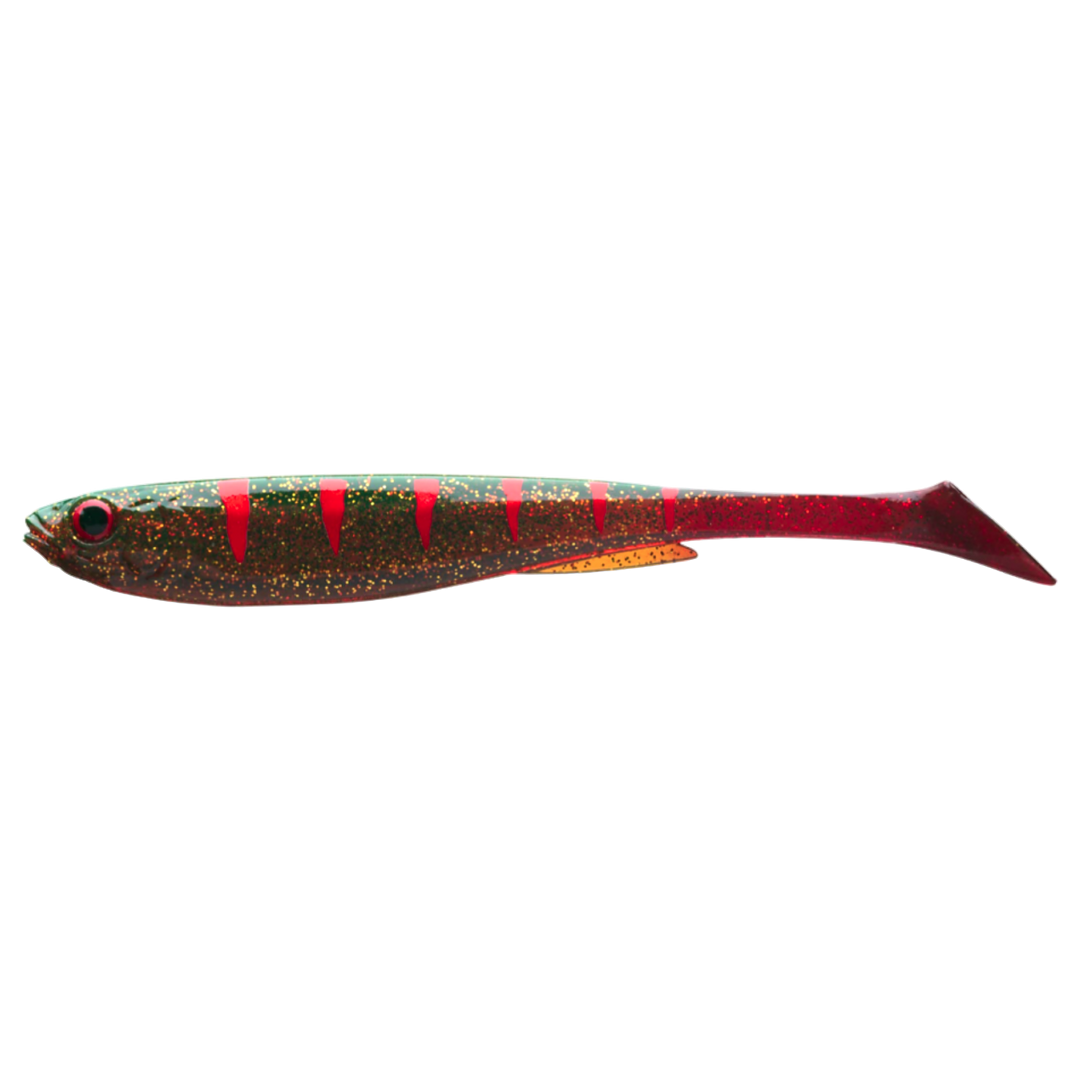 Daiwa Prorex Slim Shad Y 7.5cm Jigi Motoroil sivulta, pää vasemmalla